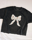 Womens M Bow Applique Crop Tee Washed Black White Floral