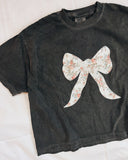 Womens M Bow Applique Crop Tee Washed Black White Floral