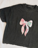Womens M Bow Applique Crop Tee Washed Black Vintage Quilt