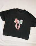Womens M Bow Applique Crop Tee Washed Black Vintage Quilt