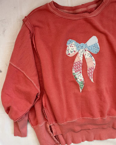 XS Upcycled Quilt Bow Applique Sweatshirt Free People Coral