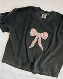 Womens XL Bow Applique Crop Tee Washed Black Pink Floral