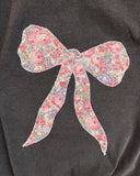 Womens XL Bow Applique Crop Tee Washed Black Pink Floral