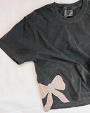 Womens S Bow Applique Crop Tee Washed Black Blush Stripe