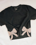 Womens S Bow Applique Crop Tee Washed Black Blush Stripe