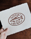 Folk Trout Blockprint 8x10” on Handmade Paper