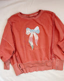 XS Upcycled Quilt Bow Applique Sweatshirt Free People Coral